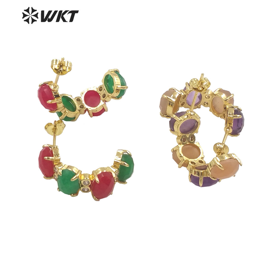 WT-ME105 Wholesale Newest Vintage Style Colorful Natural Gemstone Fashion Light Luxury C Shaped Micro Paved Earrings Studs