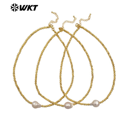 WT-JN333 Classic And Simple Design Gold Plated Beads With Single Baroque Pearl Necklace For Women Luxury Jewelry Gift
