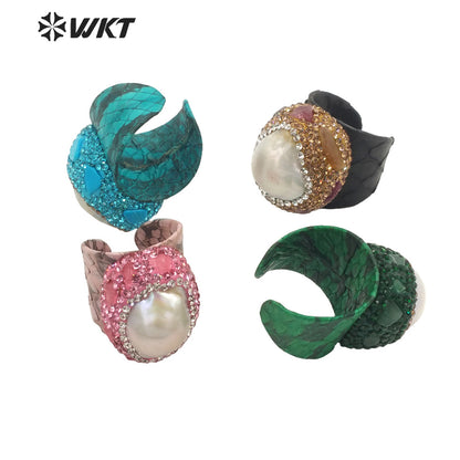 WT-MPR066 Gorgeous Baroque Pearl & Rhinestone Quartz Stone Ring With Pearl for Women Lucky Unique Design Stone Ring