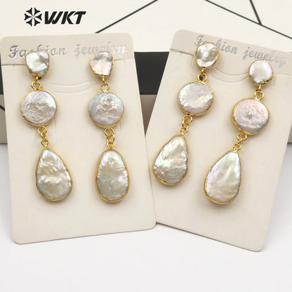 WT-E491 Three Pearls in Round Teardrop Shape Gold Earring Wedding Pearl Jewelry Gift for Her Natural Freshwater Pearl Earring