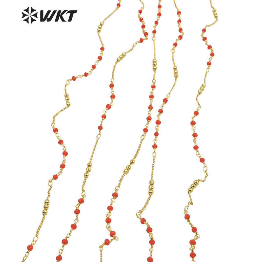 WT-RBC200 Wholesale Fashion Gold Plated Orange Red Color Multi Beads Link Chain Sell by Meter Jewelry DIY Jewelry Necklace Chain