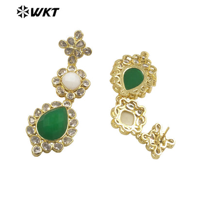WT-ME088 WKT New Design 18K Real Gold Plated Multi Kinds of Gemstone Earrings Natural Lapis Drop Long Stone Studs for Gift