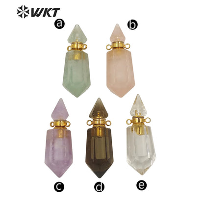WT-P1638 Amazing Gold Natural Double Point Spirit Quartz Perfume Bottle Stone Pendant High Quality Jewelry Bottle Pendants