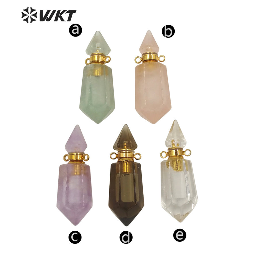 WT-P1638 Amazing Gold Natural Double Point Spirit Quartz Perfume Bottle Stone Pendant High Quality Jewelry Bottle Pendants