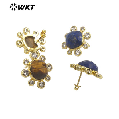 WT-ME091 Wholesale Newest Fashion square Gemstone with clear Cubic Zircon Around Setting Earrings Studs Gold Birthday Earring
