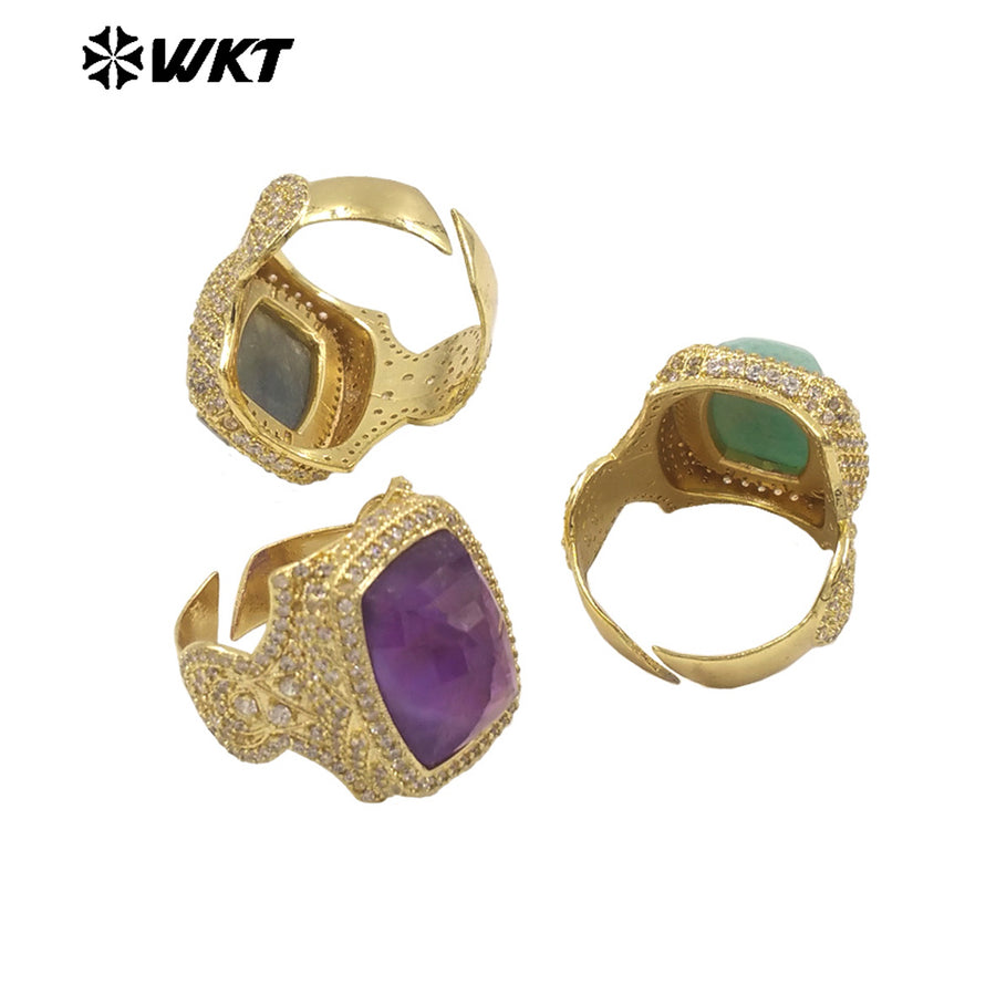 WT-MR033 Wholesale Fashion 18K Real Gold Plated Cubic Zircon and Natural Amazonite Amethyst Stone Ring for Women