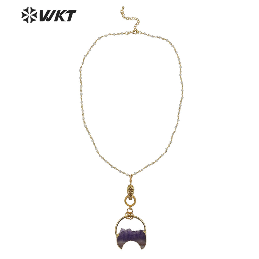 WT-N1218 New Design Magnet Buckle Necklace Natural Amethyst Necklace Fashion Lady Jewelry Natural Crescent Amethyst Necklace