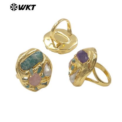 WT-MPR139 Wholesale Gorgeous Trend Style Multi Stones With Natural Pearl Gold Plated Rings For Women Beautiful Jewelry Gift