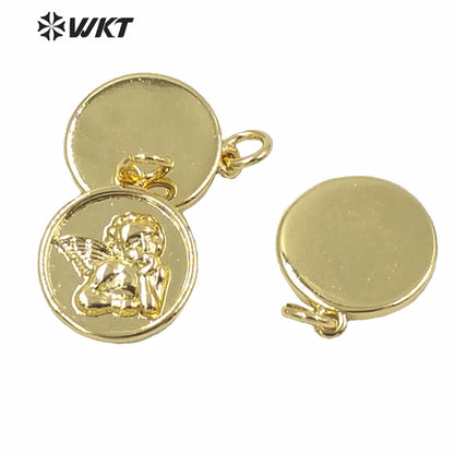 WT-MP190 Wholesale Round Tiny Gold Metal Angel Charms Pendant Hand Make Jewelry Findings Design God Angle Pendant
