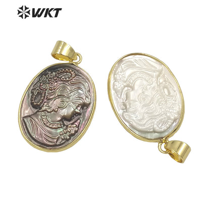 WT-JP267 Super Beauty Design with Gold Bezel Women Natural Shell Made Hand Carved the Beauty Women Photo Pendant for Necklace