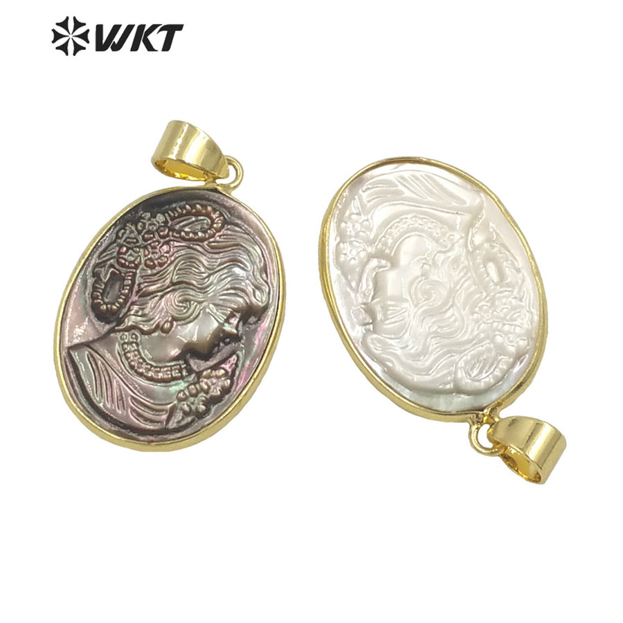 WT-JP267 Super Beauty Design with Gold Bezel Women Natural Shell Made Hand Carved the Beauty Women Photo Pendant for Necklace