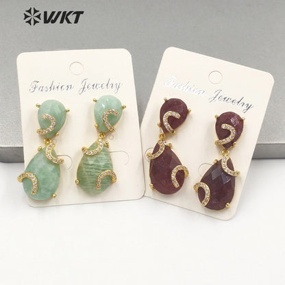 WT-E692 WKT New Design Colorful Spring Match Style Faceted Natural Stone Teardrop Earrings with Cubic Zircon Earrings for Party