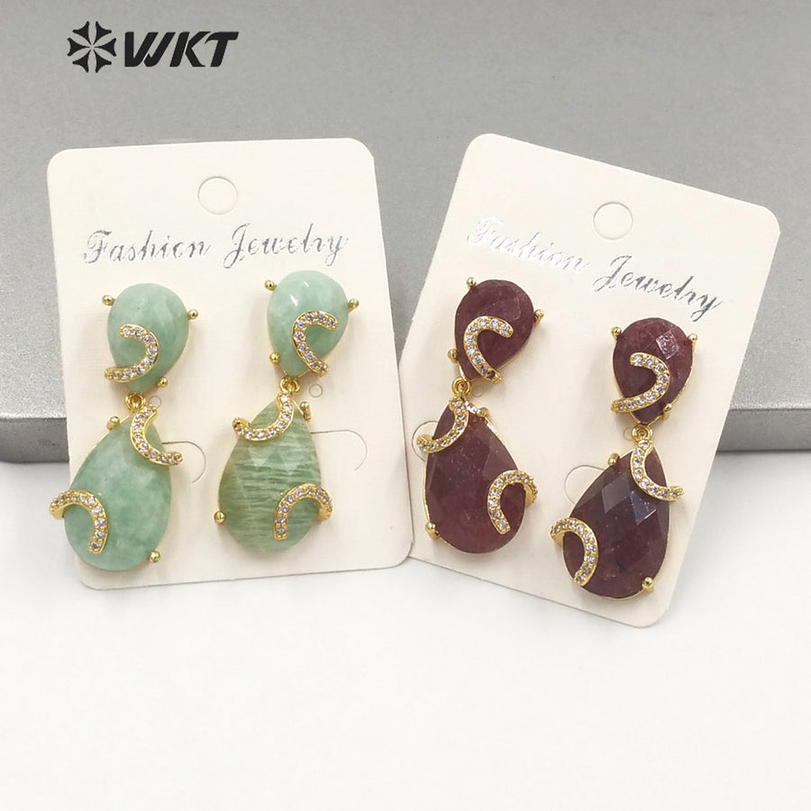 WT-E692 WKT New Design Colorful Spring Match Style Faceted Natural Stone Teardrop Earrings with Cubic Zircon Earrings for Party