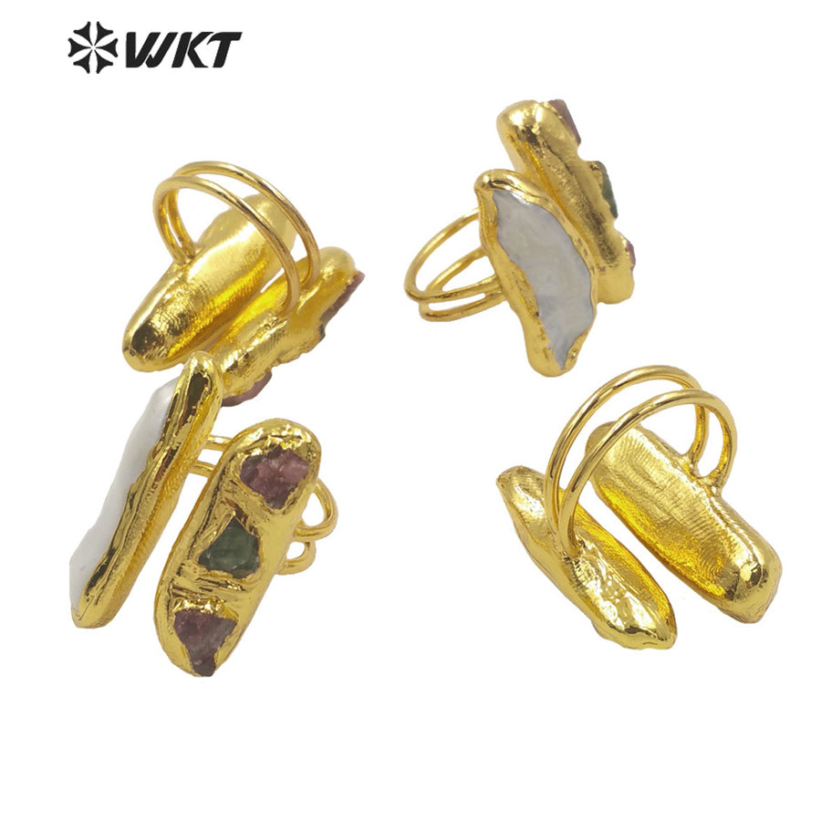 MPR017 WKT Women Gorgeous Gold Electroplated Pearl and Tourmaline Stone Ring Fashion Gemstone Cocktail Ring for Party
