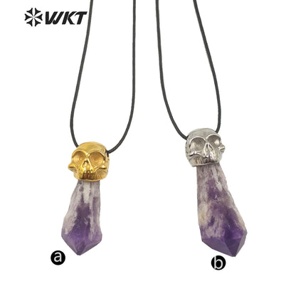 WT-N1213 Special Design Natural Amethyst Skull Pendant Necklace New Charm Jewelry Amethyst Necklace