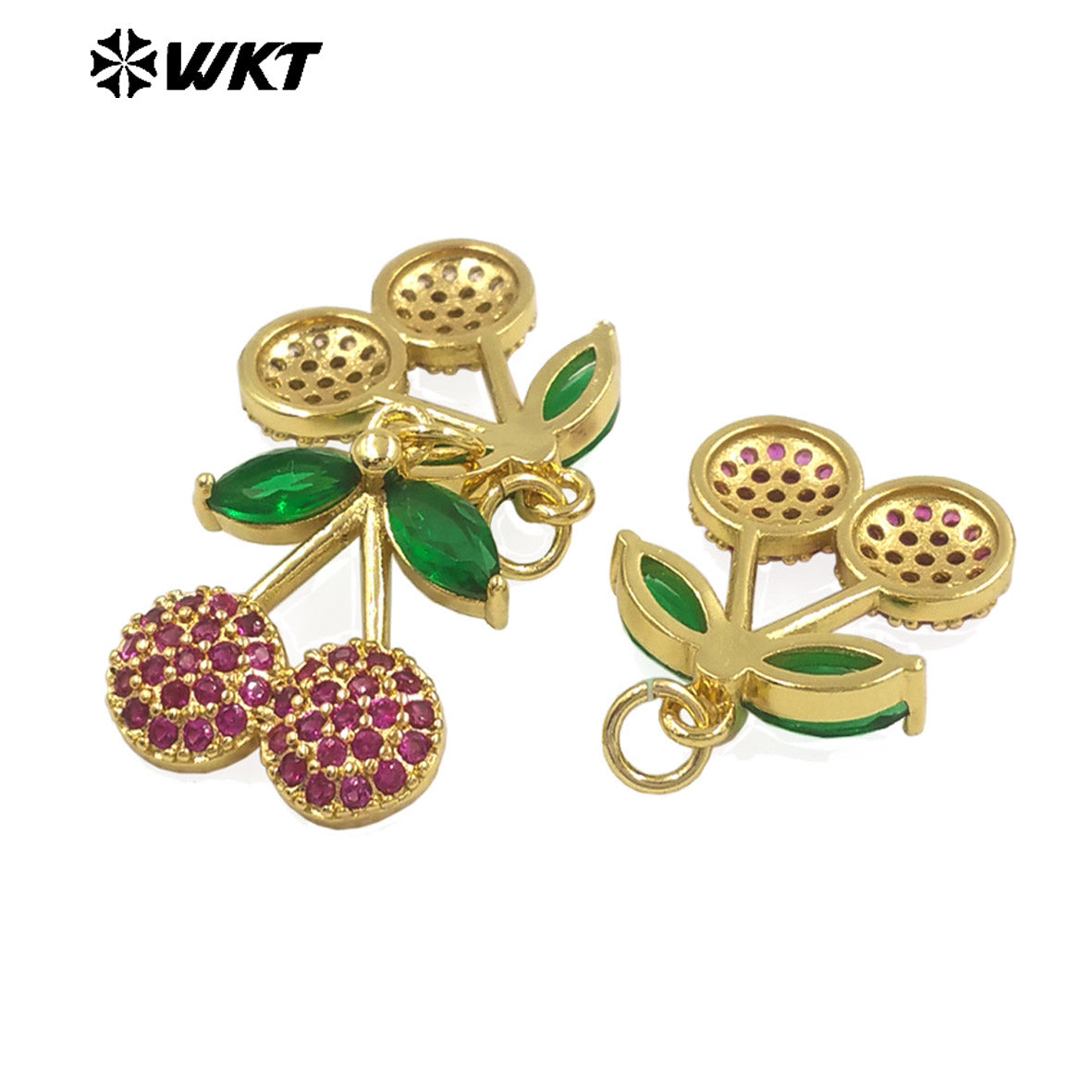 JFE156 High Quality Fruit Series Double Cherries Charm Pendant Yellow Brass With Drop Oil White And Purple Color Finding