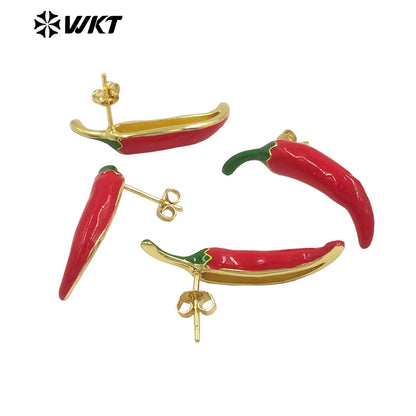 WT-ME123 Charming Hot Pepper Shape Gold Plated Women Earrings in Yellow Brass With Drop Oil High Quality Tiny Unique Jewelry