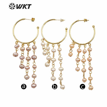 WT-MPE039 Most Hot Sales Natural Freshwater Pearl Beads Statement Earrings Round Hoop Lady Elegant Pearl Earrings