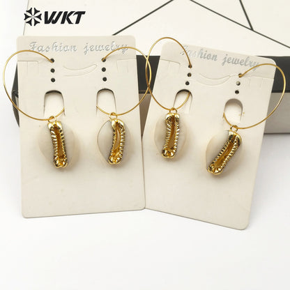 WT-E516 Hot Sale Bohemia Shell Jewelry With 18K Gold Electroplated Natural Cowrie Earring Big Loop Shell Earring
