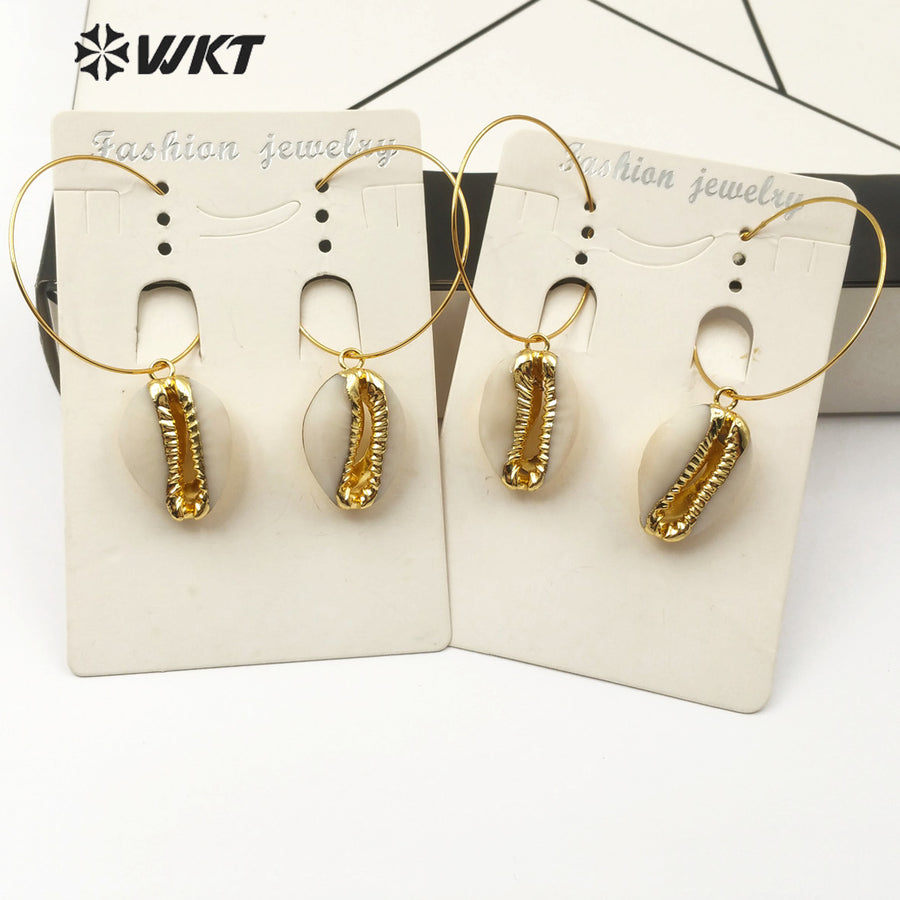 WT-E516 Hot Sale Bohemia Shell Jewelry With 18K Gold Electroplated Natural Cowrie Earring Big Loop Shell Earring