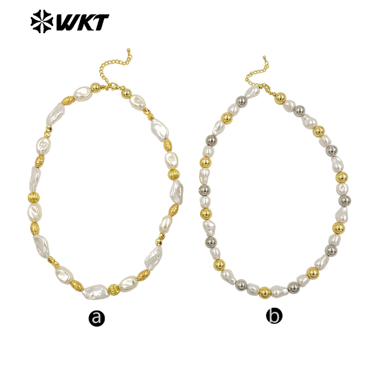 WT-JN293 Wholesale Hot Sale 16 Inch Flat and Round Artificial Pearl Gold and Silver Necklace Temperament Jewelry for Party Dress