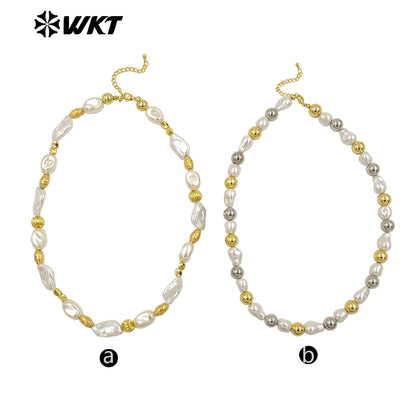 WT-JN293 Wholesale Hot Sale 16 Inch Flat and Round Artificial Pearl Gold and Silver Necklace Temperament Jewelry for Party Dress