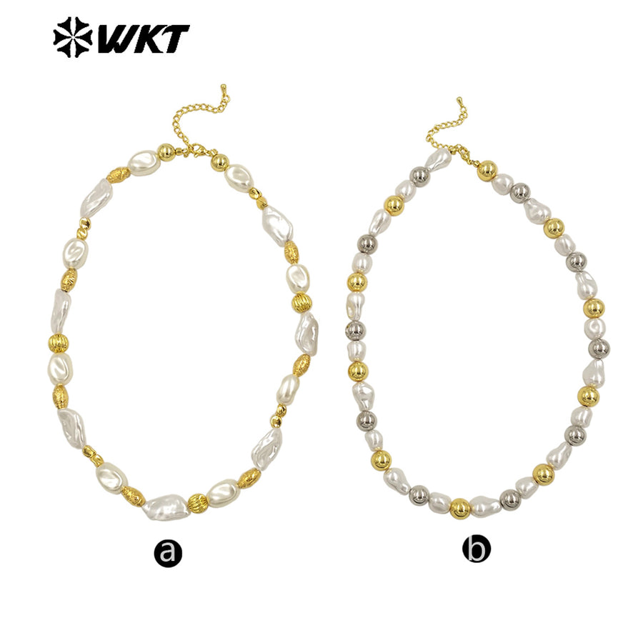 WT-JN293 Wholesale Hot Sale 16 Inch Flat and Round Artificial Pearl Gold and Silver Necklace Temperament Jewelry for Party Dress