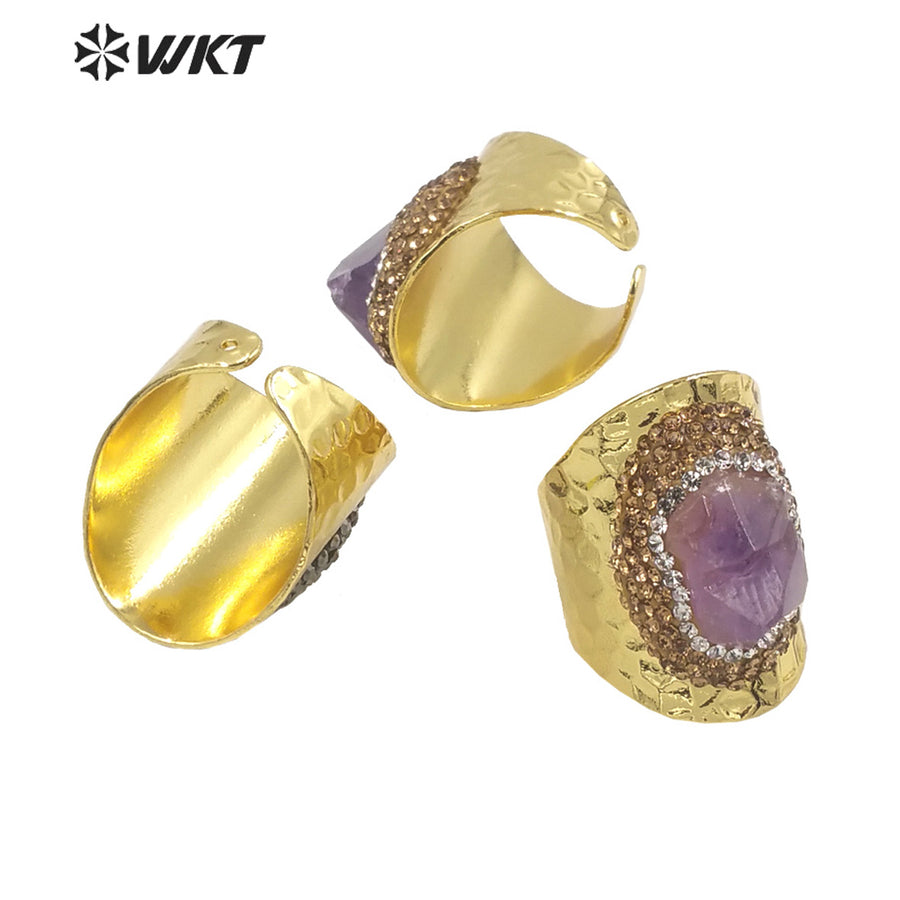 WT-R447 WKT New Design Natural Brazil Cluster Amethyst Stone Ring Fashion Gold Rhinestone Ring for Party Lucky Ring