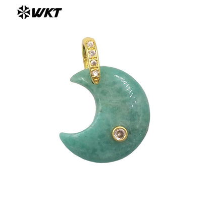 WT-P2112 Factory Wholesale Various Natural Gemstones And Zircon Moon Shape Gold Pendants As Lady Sweet Earrings Findings
