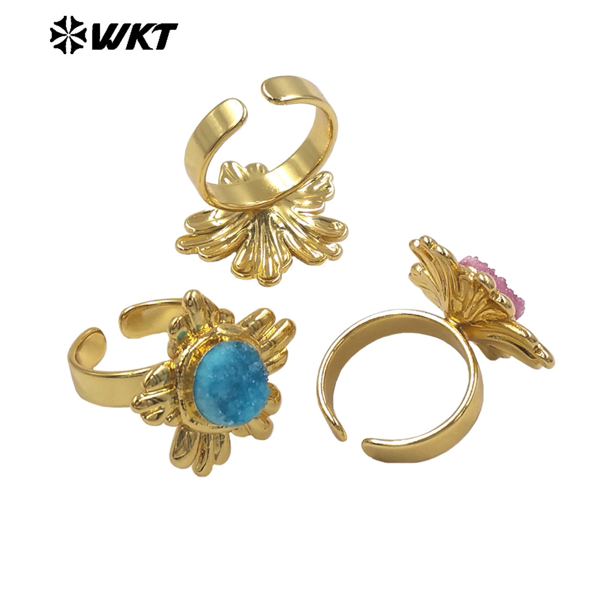 WT-R609 Beautiful Gold Plated Natural Druzy Quartz Stone Sun Flower Shape Women Rings For Party Trendy Wearing Accessory