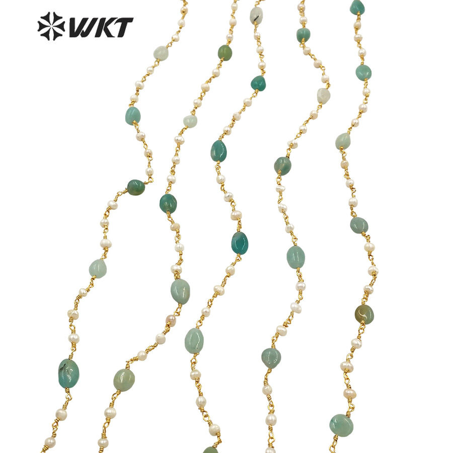 WT-RBC170 Gorgeous Natural amazon Stone Beads Chain with Pearl Mix Elegant Lady Jewelry DIY Necklace Chain for Design Wire Chain