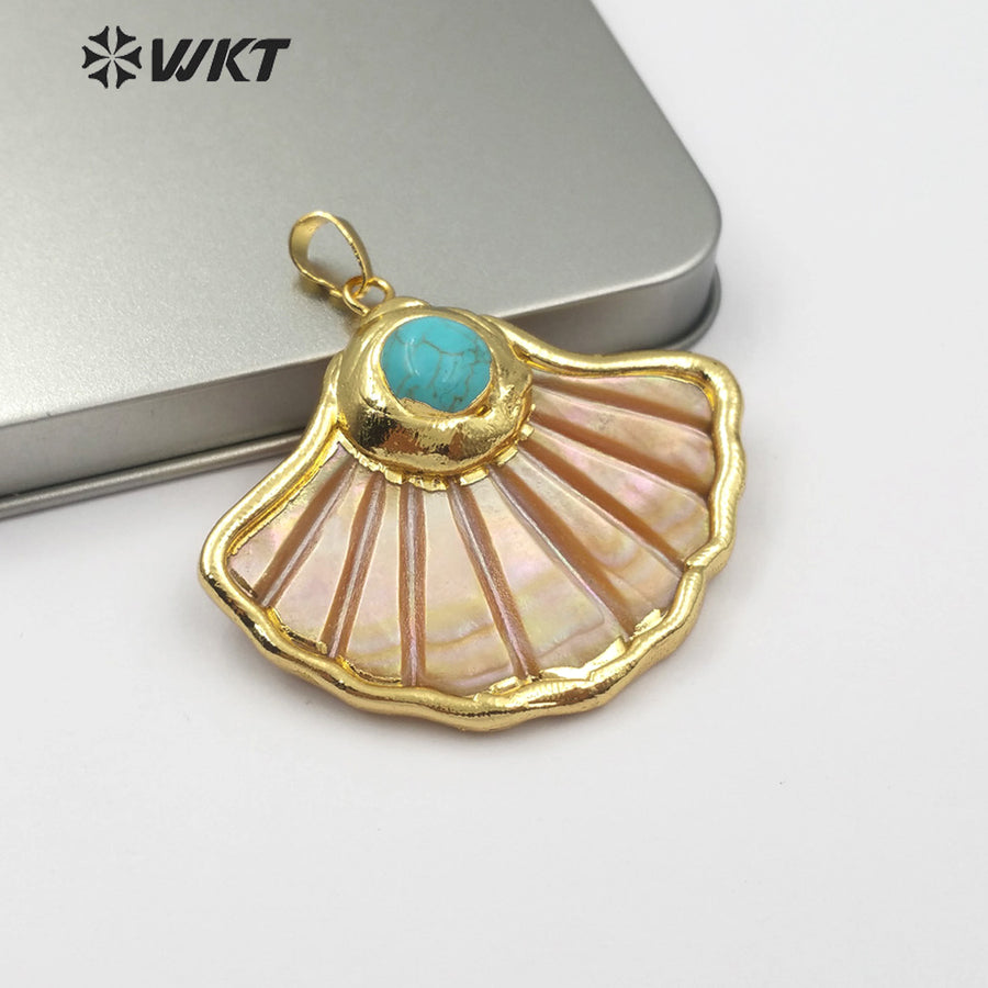 WT-JP101 Gold Scallop Shell Fan-shaped Top with Pearl or Turquoise Embellishment with Two Choices of Gold Plated Shell Pendants