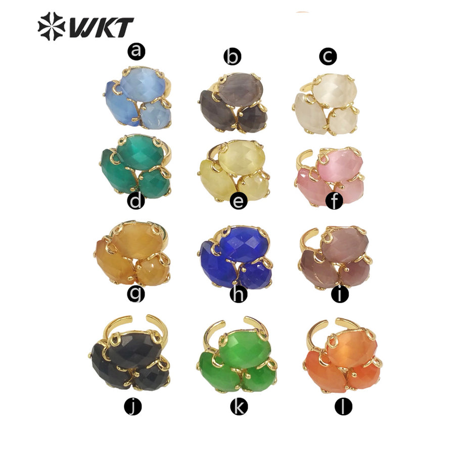 WT-R420 Europe Court style colorful Cat Eye stone Ring 18k real gold plated triple stone Flower Ring with Prong setting