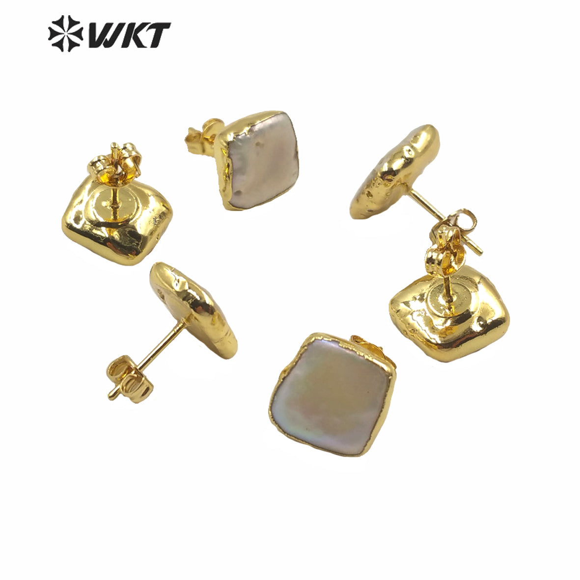 WT-MPE027 Wholesale Natural Freshwater square Pearl Studs Lady Fashion Gold Filled Real White Pearl Earrings Studs Gift Studs