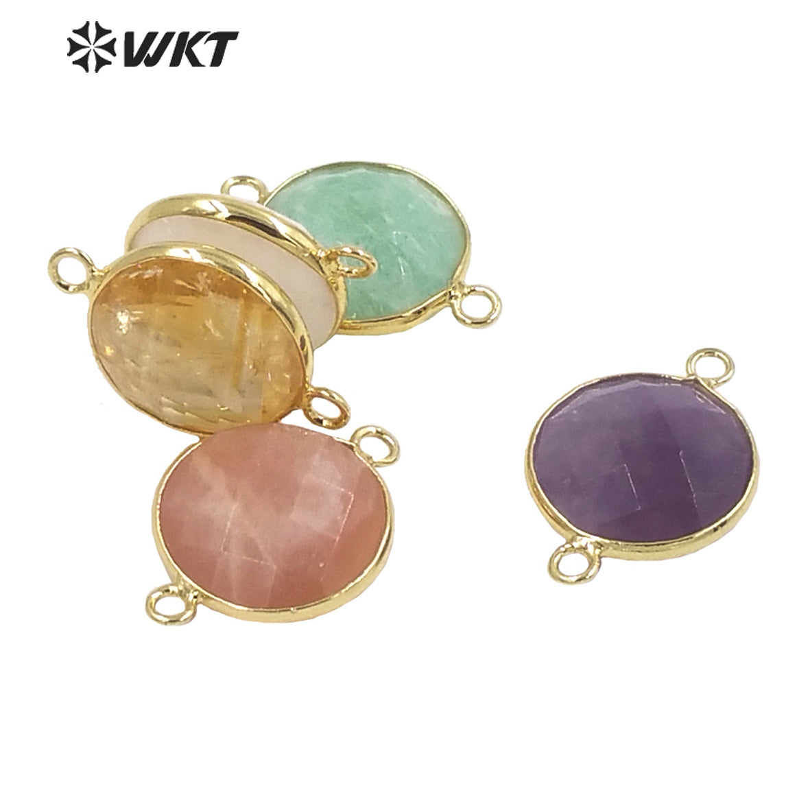 WT-C314 WKT Newest 16mm Round Double Faceted Gemstone Connectors for Jewelry Findings Amethyst Amazonite Stone for Bracelet