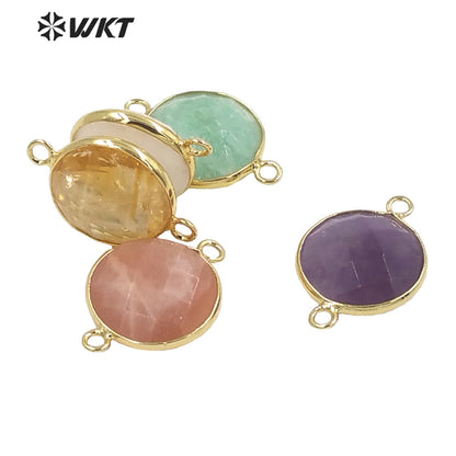 WT-C314 WKT Newest 16mm Round Double Faceted Gemstone Connectors for Jewelry Findings Amethyst Amazonite Stone for Bracelet