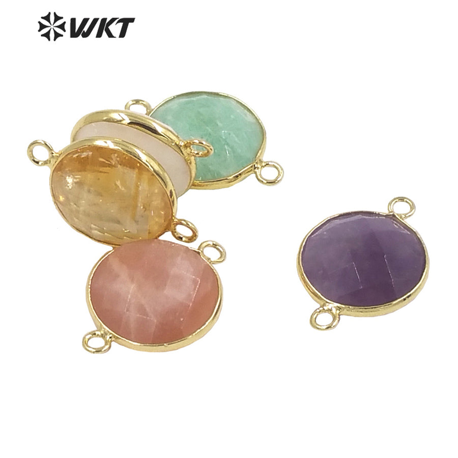 WT-C314 WKT Newest 16mm Round Double Faceted Gemstone Connectors for Jewelry Findings Amethyst Amazonite Stone for Bracelet
