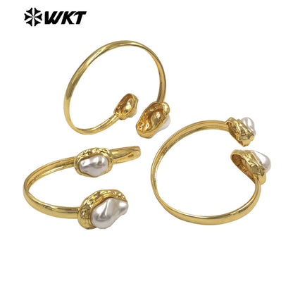 MPB133 Popular Simple Design 18K Gold Plated With Two Artificial Pearls Lady Cuff Bangles For Daily Wearing Decorations