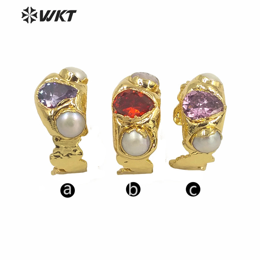 WT-MPR011 WKT Exclusive Gorgeous Natural Pearl CZ Stone Cocktail Ring Women Fashion Gold Electroplated Irregular Lava Stone Ring