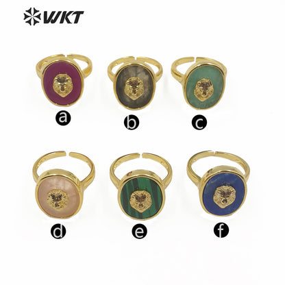 WT-R351 New Design Natural Gemstone With Lion Head Charm Ring Gold Plated Fashion Charming Jewelry Gemstone