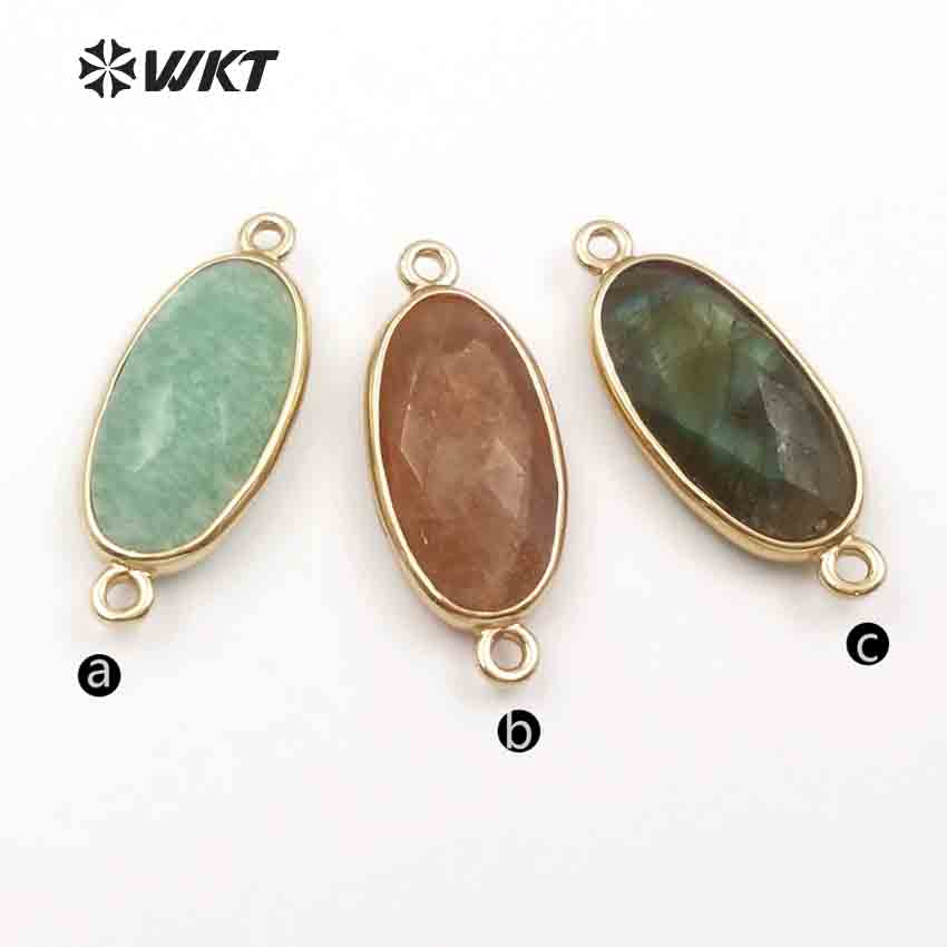 WT-C264 New Special Design Smooth Metal Plated Irregular for Fashion Women Jewelry Natural Amazonite/Pink Quartz Connector