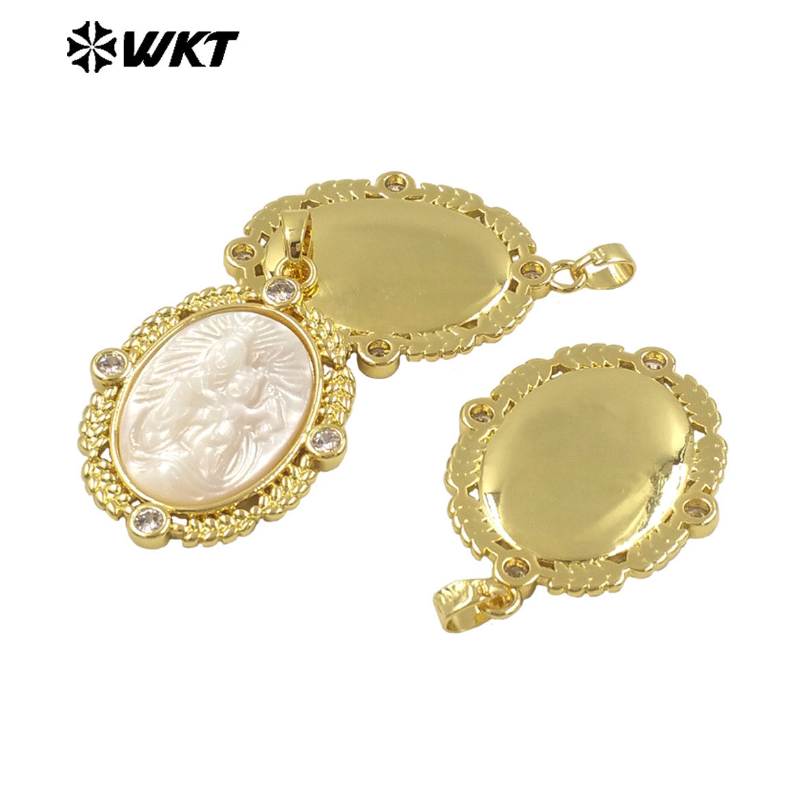 WT-JP370 Wholesale New Design Christian Religious White Shell Carved Jesus and Mary Jewelry Pendants for Birthday Gift