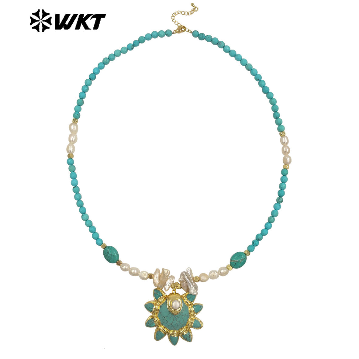 WT-JN371 Amazing Vintage Style Gold Plated Stone And Pearl Splicing Chain With Turquoise Pendant Necklace For Party Wearing