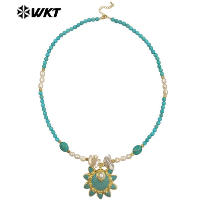 WT-JN371 Amazing Vintage Style Gold Plated Stone And Pearl Splicing Chain With Turquoise Pendant Necklace For Party Wearing