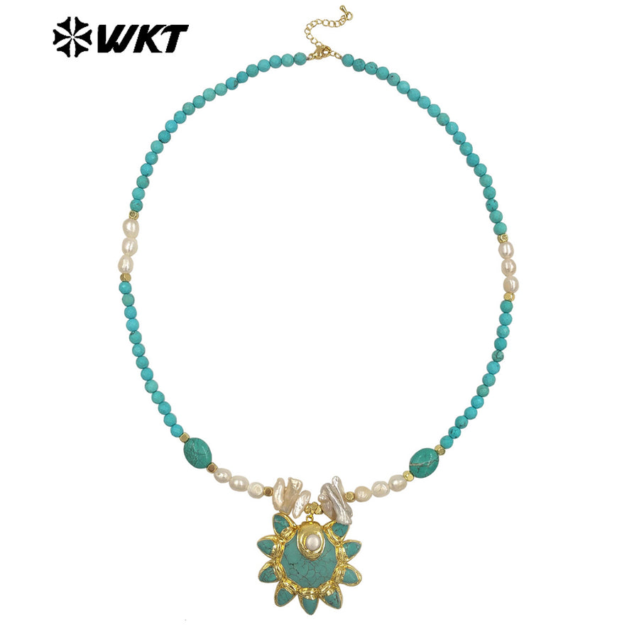 WT-JN371 Amazing Vintage Style Gold Plated Stone And Pearl Splicing Chain With Turquoise Pendant Necklace For Party Wearing