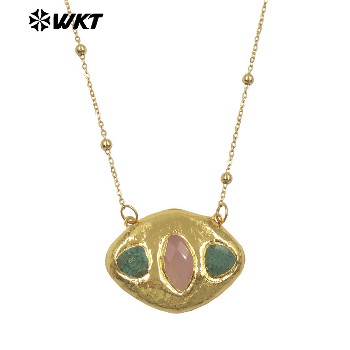 WT-N1529 Boutique 18K Gold Plated Thin Bead Chain With Three Natural Gemstones Pendant Necklaces As Women Elegant Jewelry