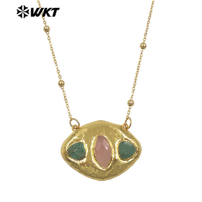 WT-N1529 Boutique 18K Gold Plated Thin Bead Chain With Three Natural Gemstones Pendant Necklaces As Women Elegant Jewelry
