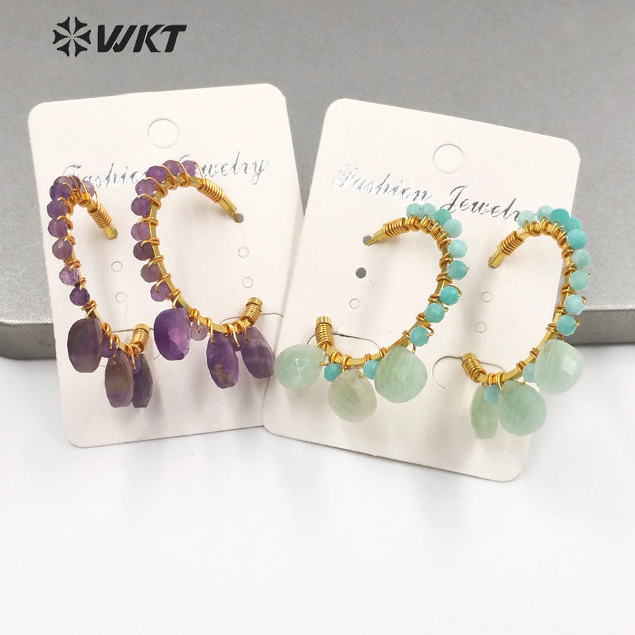 WT-E694 Wholesale Fashion Gold Plated C Shape Wire Wrapped Stone Earrings Attractive Teardrop Stone Crescent Moon Earrings