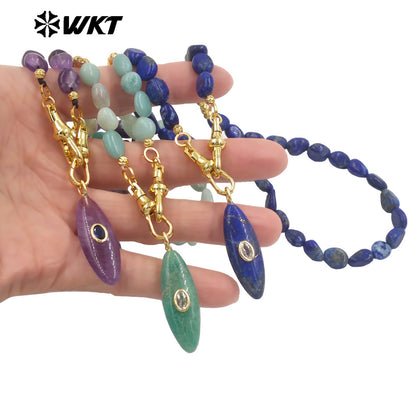 WT-N1521 Beautiful Fashion Metal Splicing Stone Beads Chain With Natural Gemstones Long Pendant Necklaces As Female Matching