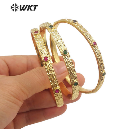 WT-B619 New 18K Real Gold Plated Resist Tarnishable Cubic Zircon Round Cuff Bangle for Women Dubai Hot Metal Bangle